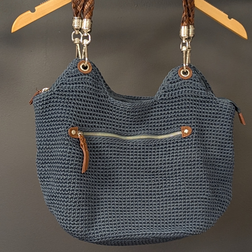 The Sak Navy Woven Shoulder Bag with Tan Details